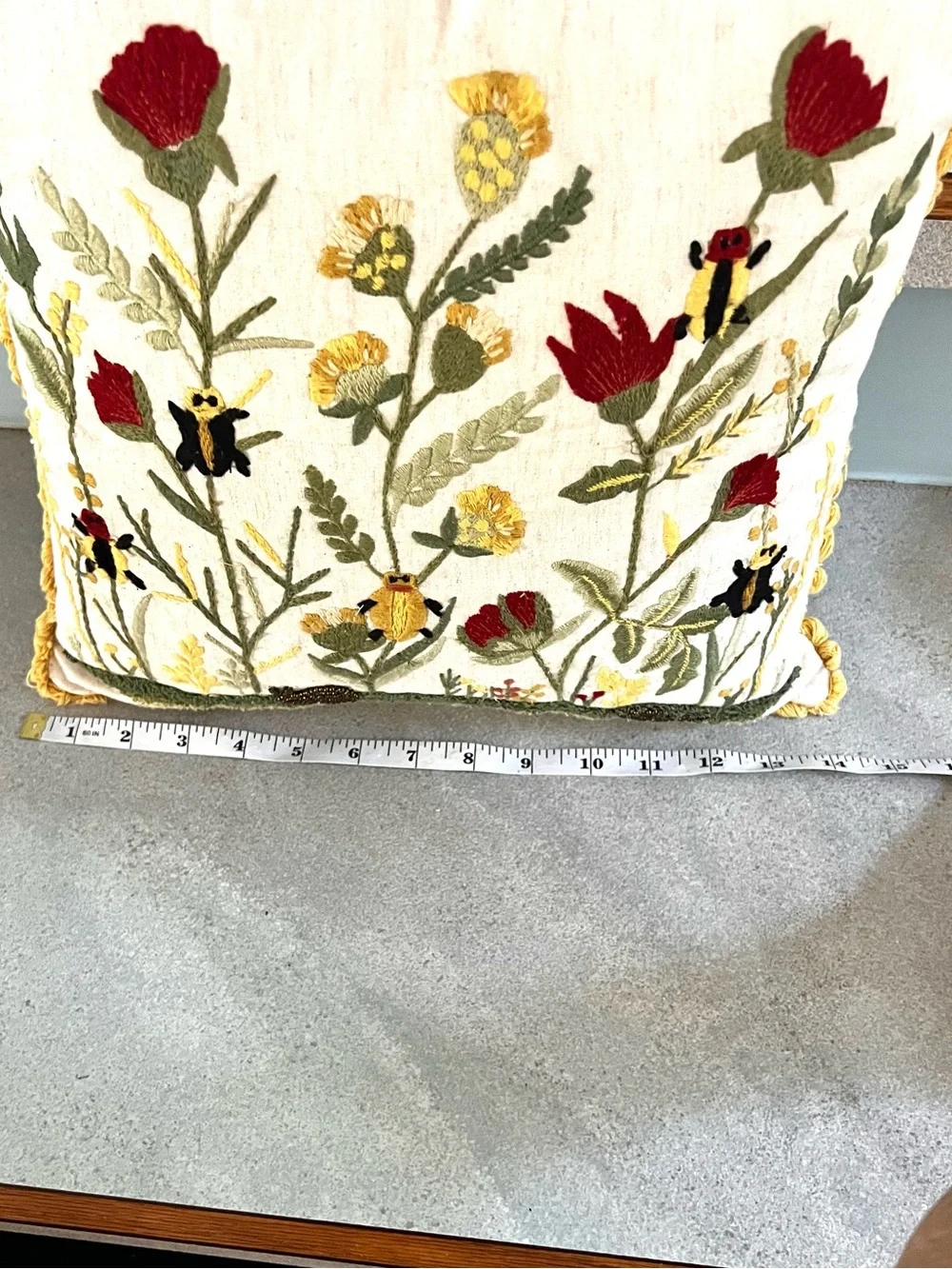 Pier 1 Embroidered Flora & Fauna Pillow Folk Art, Cottagecore ,Lovely,Size 14x14